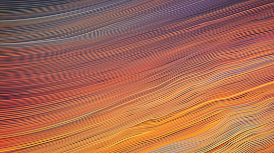 a colorful abstract rainbow wavy image, in the style of dark orange and light indigo, high horizon lines, varying wood grains, long exposure, flattened perspective, multilayered compositions, meticulous lines